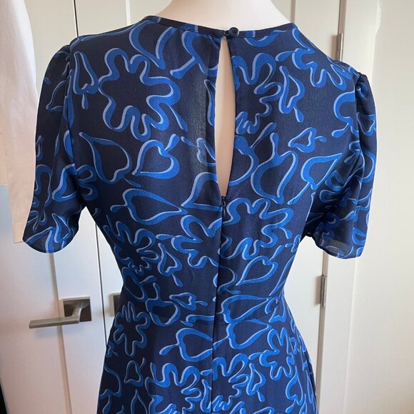 Tara Jarmon Paris SS Fit & Flare Print Partial Lined 100% Silk Dress Blue Sz 36 - Picture 8 of 14